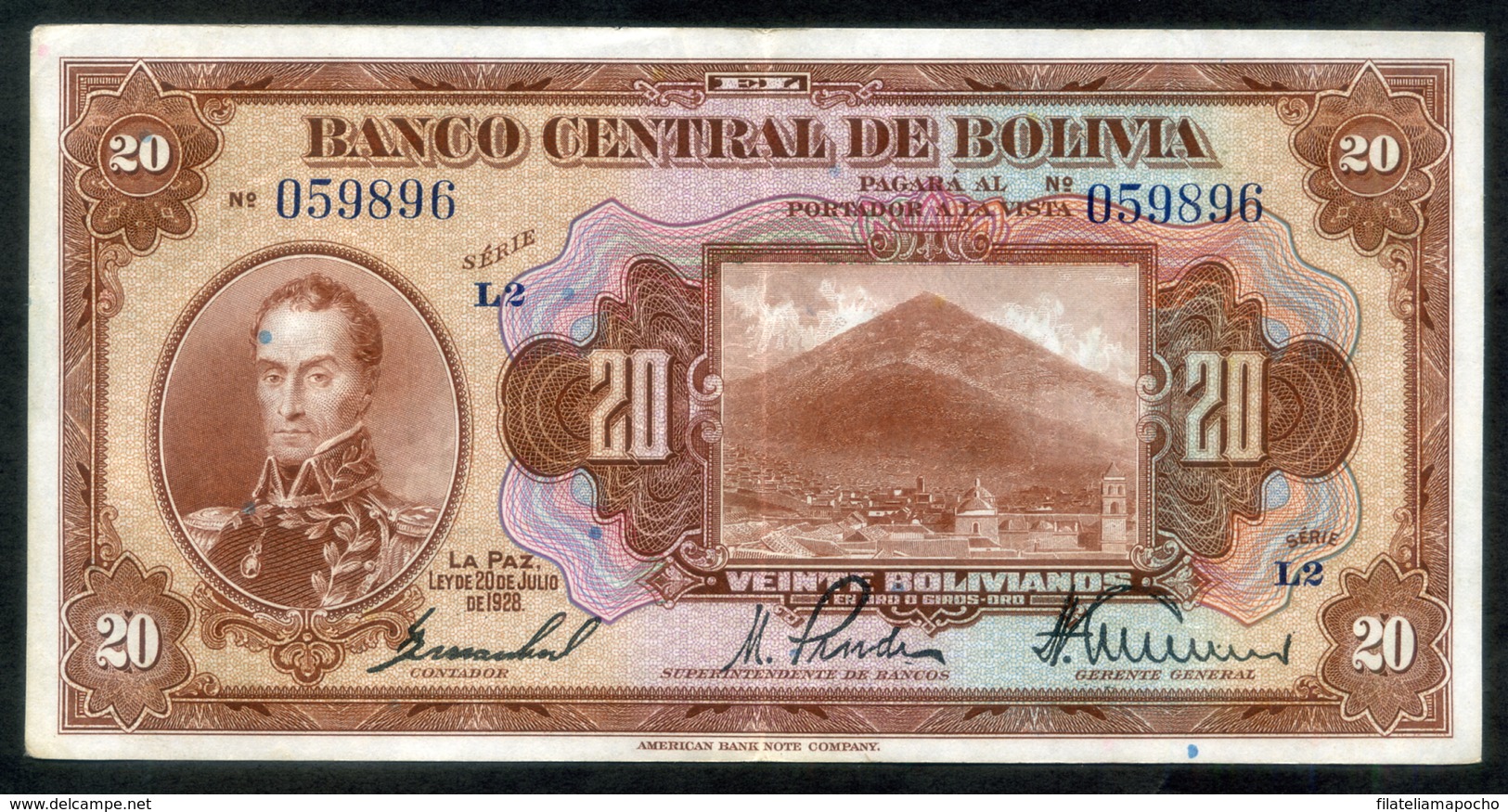 BOLIVIA BILLETES; 1928 - "20 BOLIVIANOS". - Bolivia