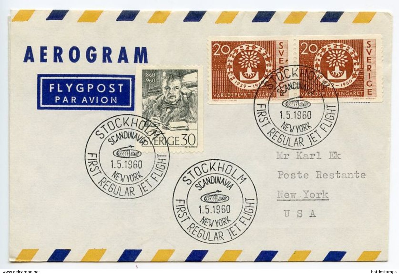 Sweden 1960 SAS - Stockholm To New York 1st Regular Jet Flight Cover - Covers & Documents