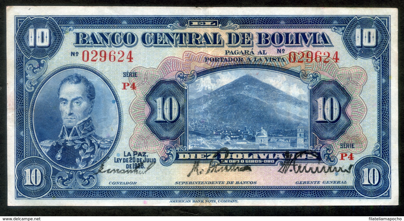 BOLIVIA BILLETES; 1928 - 10 BOLIVIANOS. - Bolivien