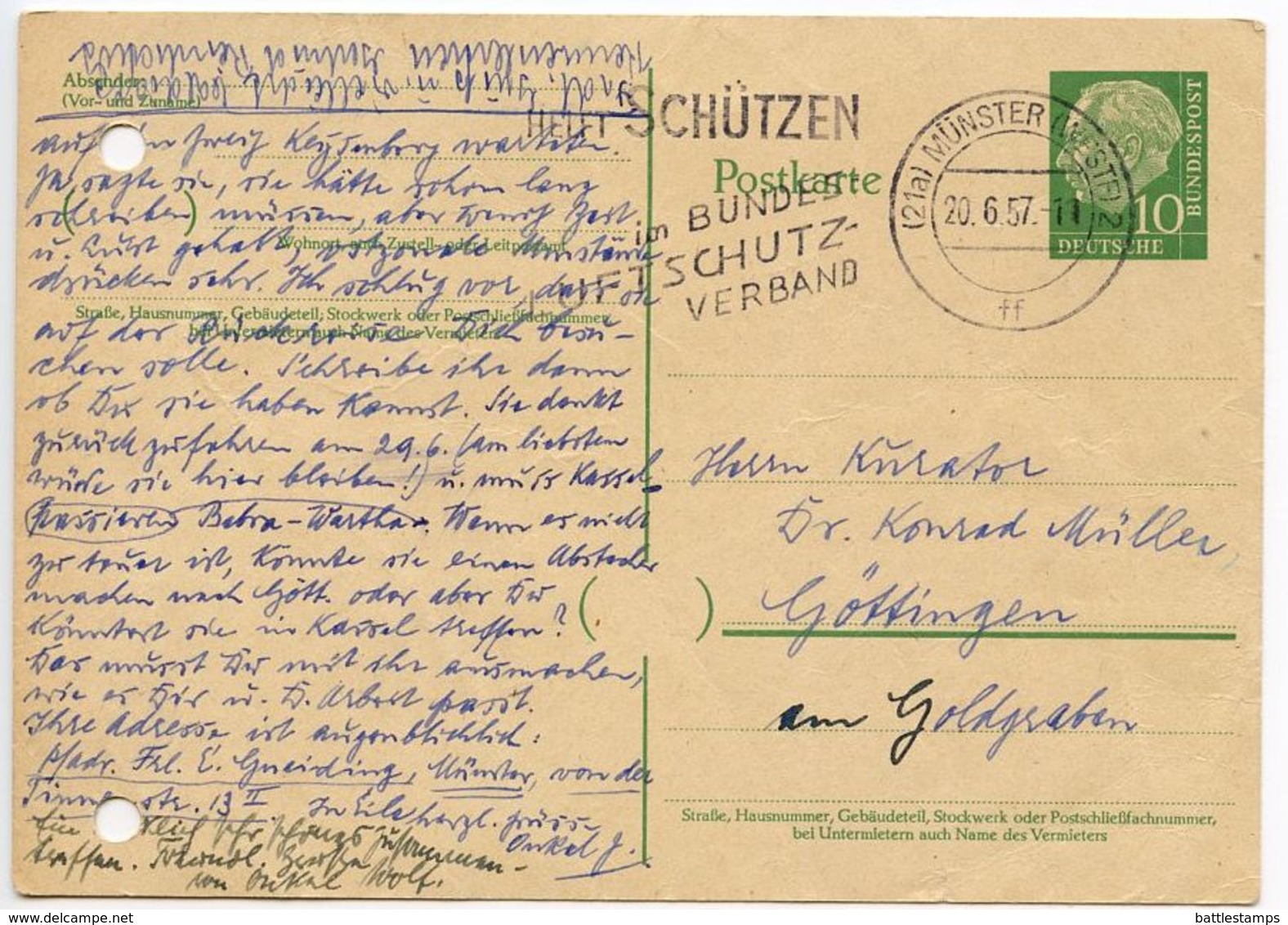 Germany 1957 10pf Heuss Postal Card Münster To Göttingen - Postcards - Used