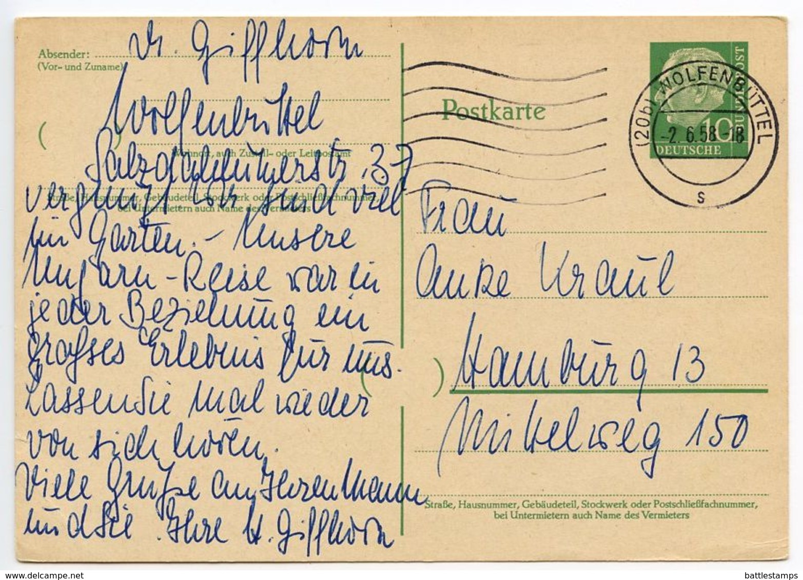 Germany 1958 10pf Heuss Postal Card Wolfenbüttel To Hamburg - Postcards - Used
