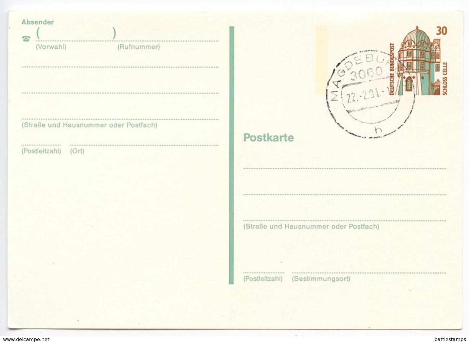 Germany 1991 30pf Celle Castle Postal Card Magdeburg Postmark - Postcards - Used