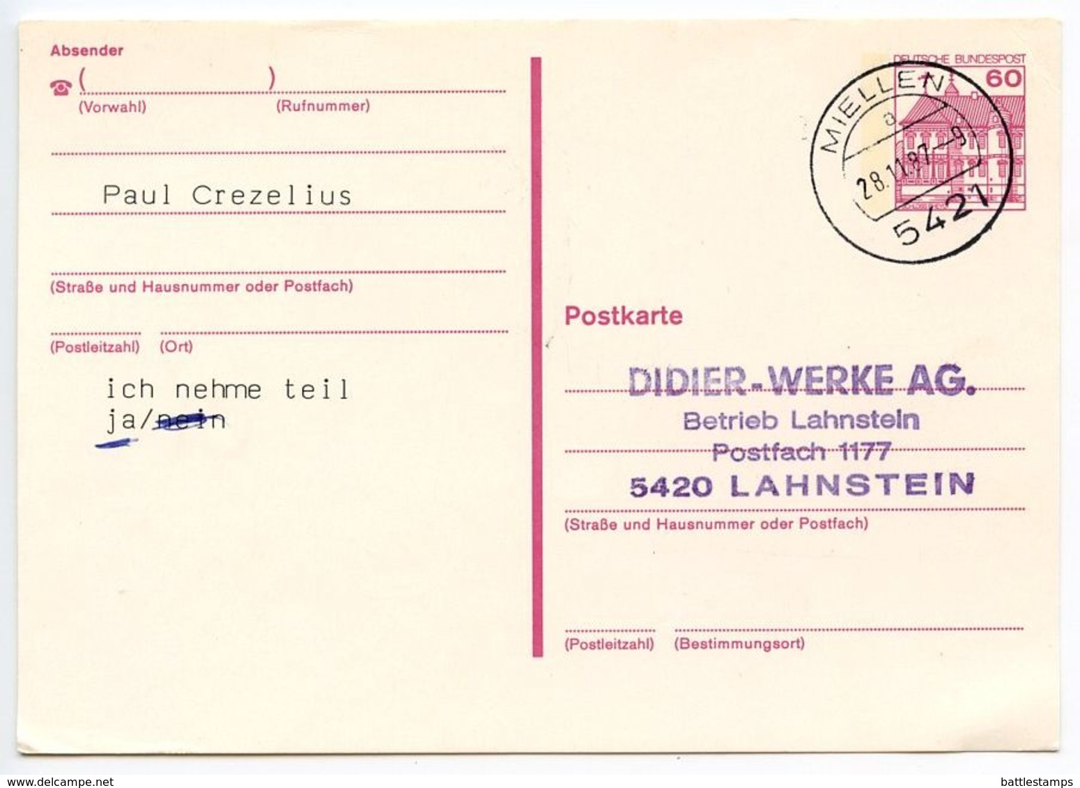 Germany 1987 60pf Castle Postal Card Miellen To Lahnstein - Postcards - Used