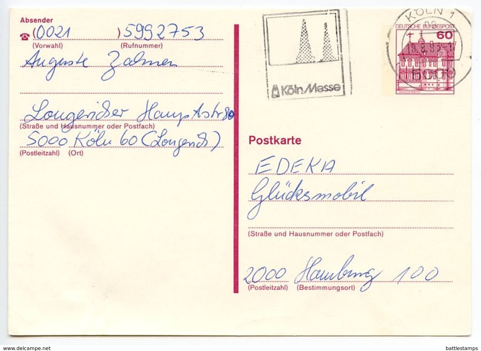 Germany 1983 60pf Castle Postal Card Köln To Hamburg - Postkaarten - Gebruikt