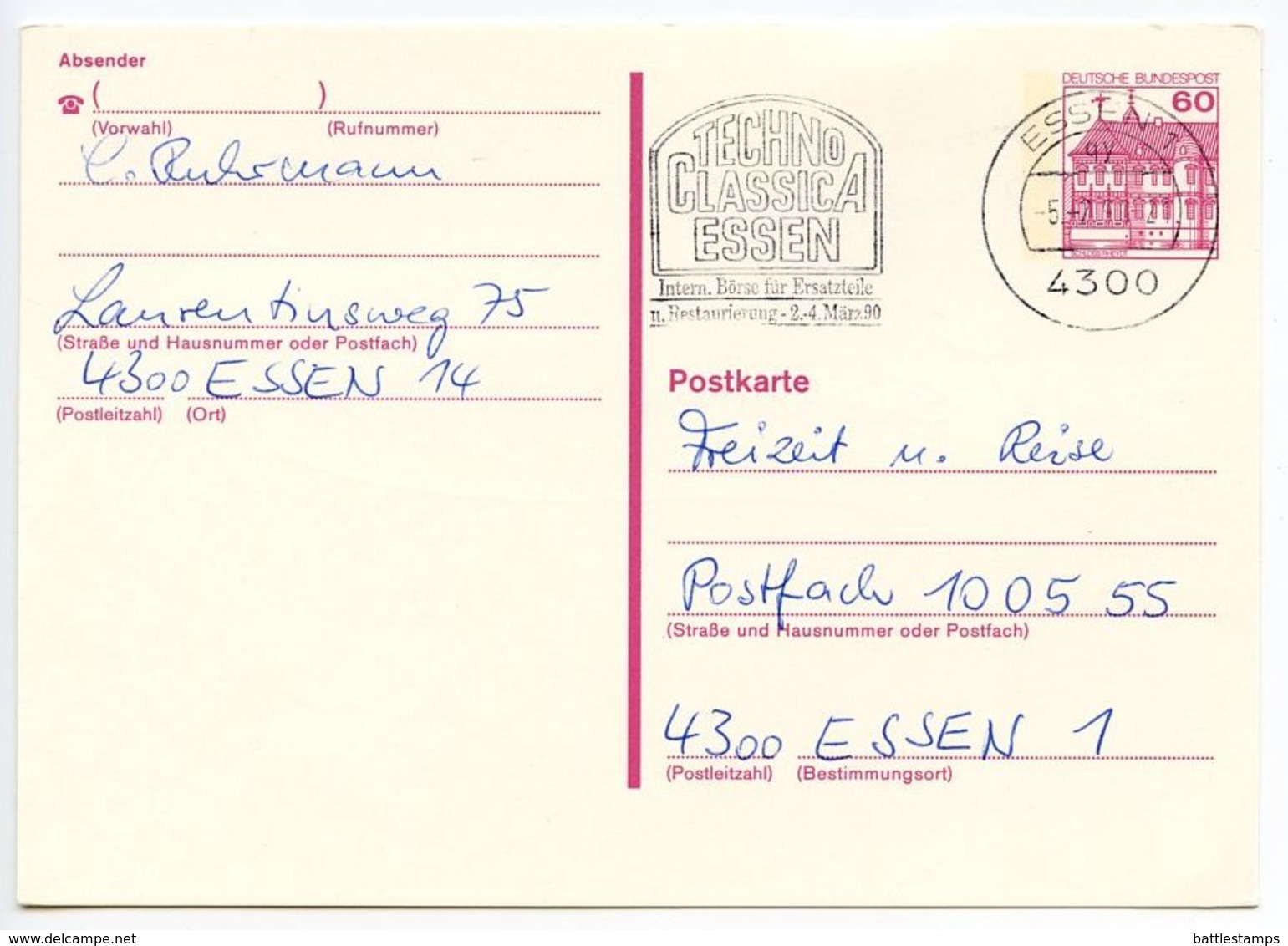 Germany 1990 60pf Postal Card Essen, Techno Classica Slogan Cancel - Postcards - Used