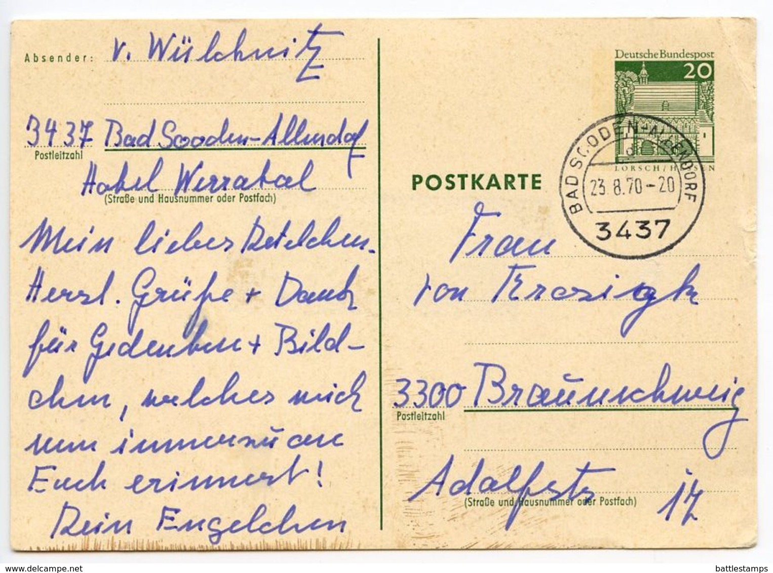 Germany 1970 20pf Postal Card Bad Sooden-Allendorf To Braunschweig - Postcards - Used