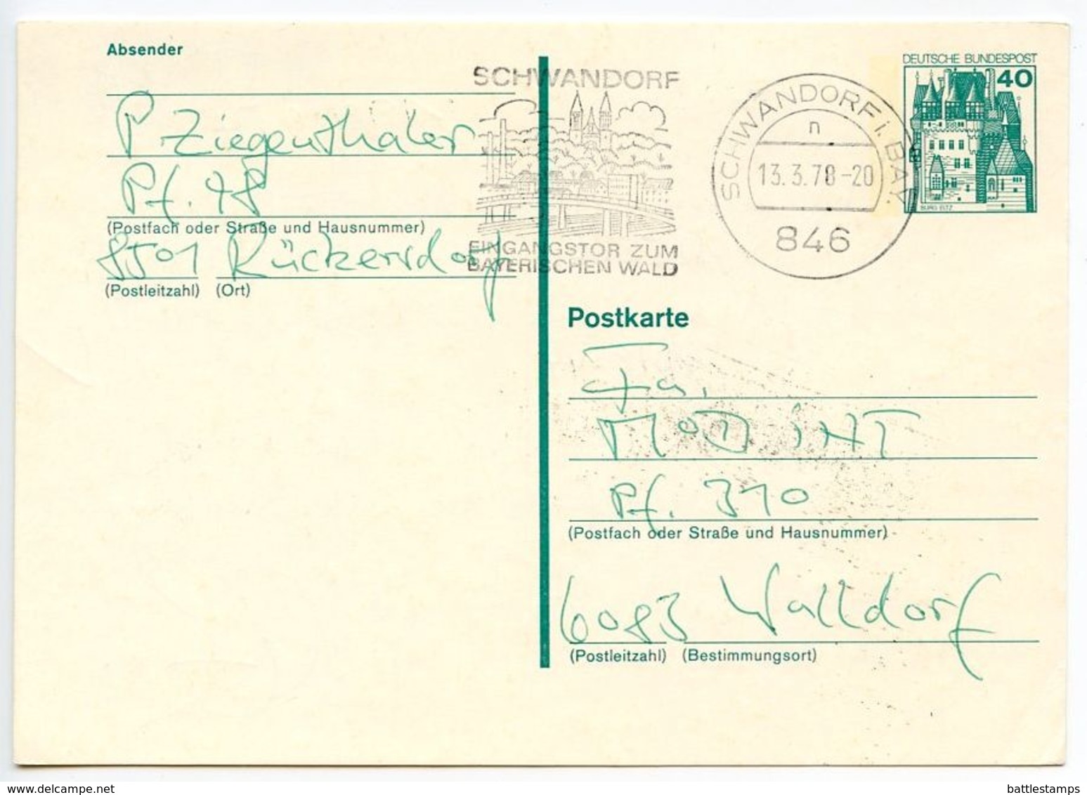 Germany 1978 40pf Postal Card Schwandorf To Walldorf - Postcards - Used