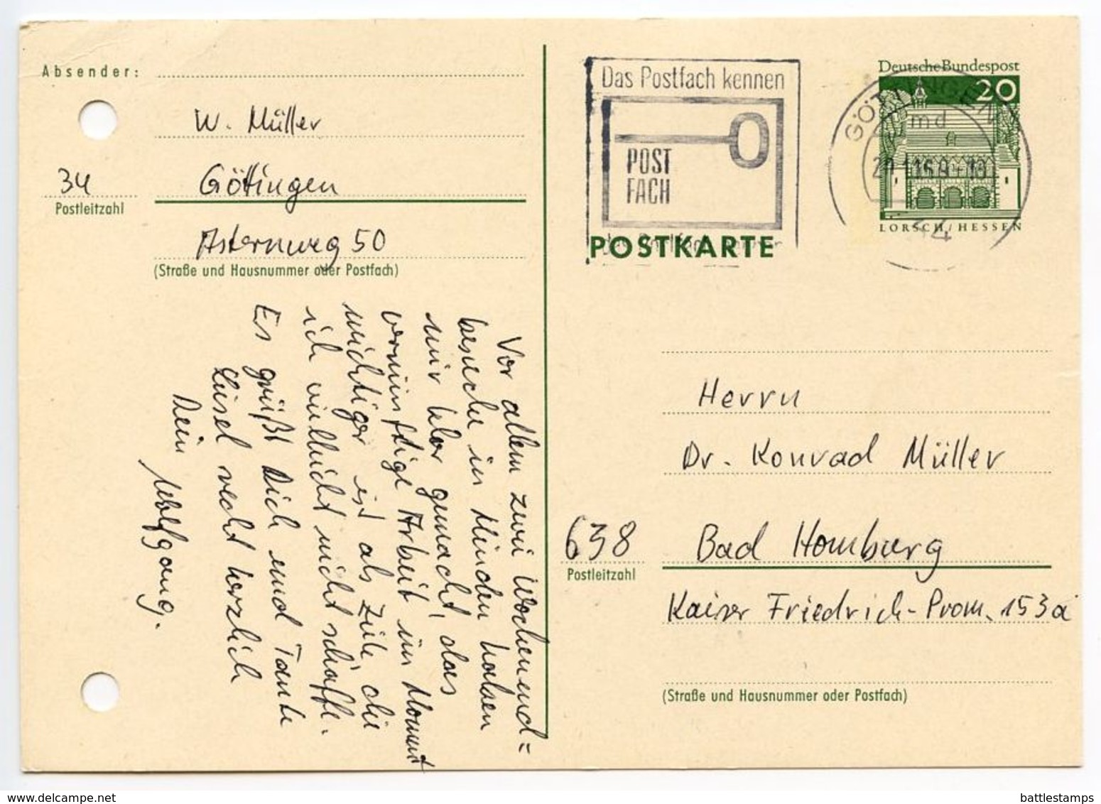 Germany 1969 20pf Postal Card Göttingen To Bad Homberg - Postcards - Used