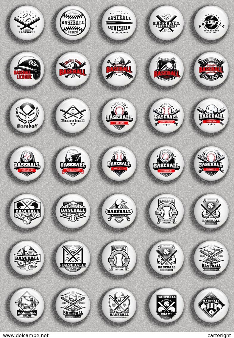 Baseball Fan ART BADGE BUTTON PIN SET 2 (1inch/25mm Diameter) 35 DIFF - Baseball