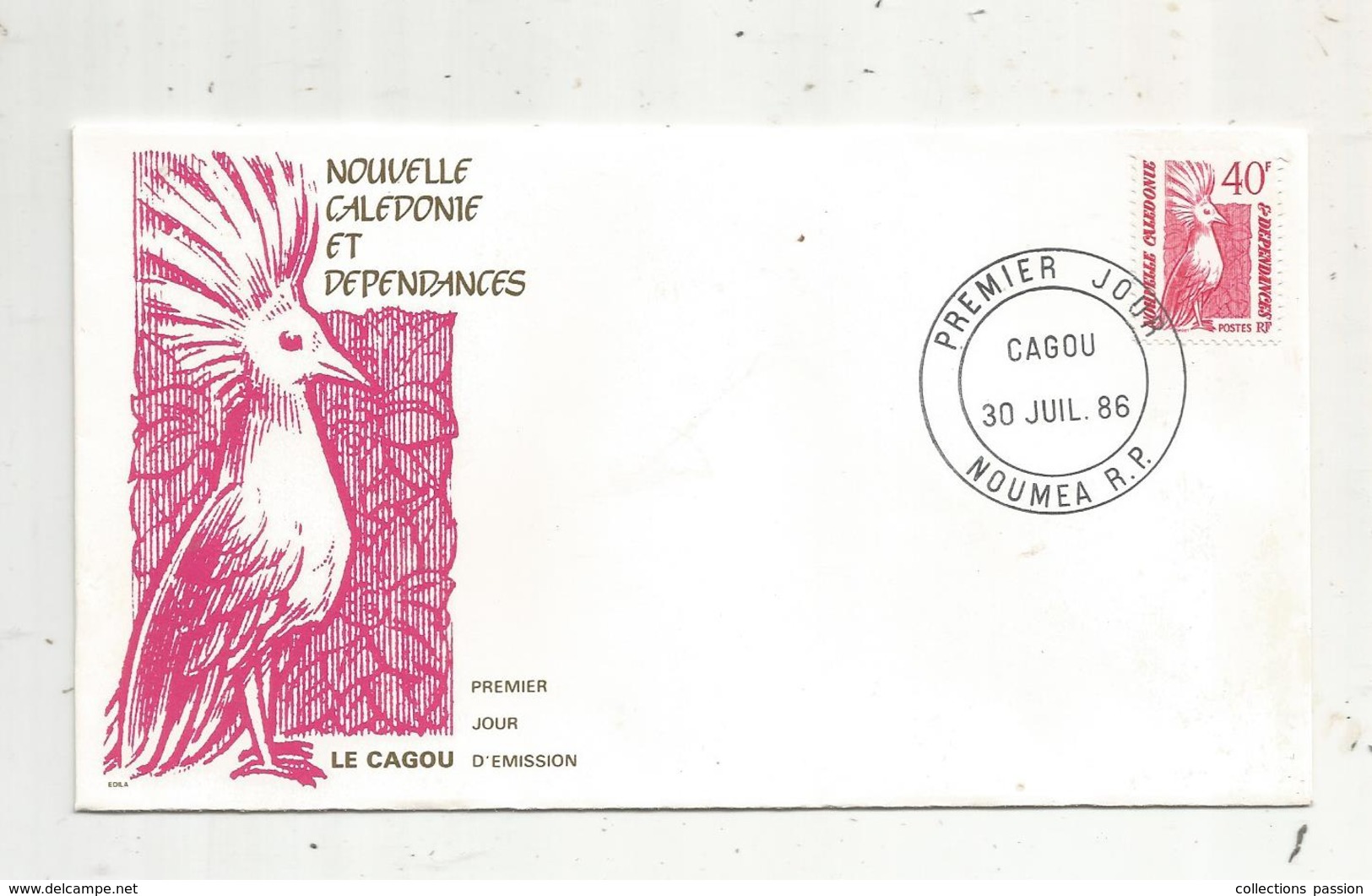 Timbre , Premier Jour , 1986 , NOUVELLE CALEDONIE ET DEPENDANCES , Oiseaux , CAGOU - FDC