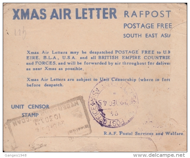 India  1945  X MAS AIR LETTER  FRONT ONLY  RAF SEA  94  ( RISALPUR ) To Hyderabad  # 10195  D Inde Indien - Inland Letter Cards