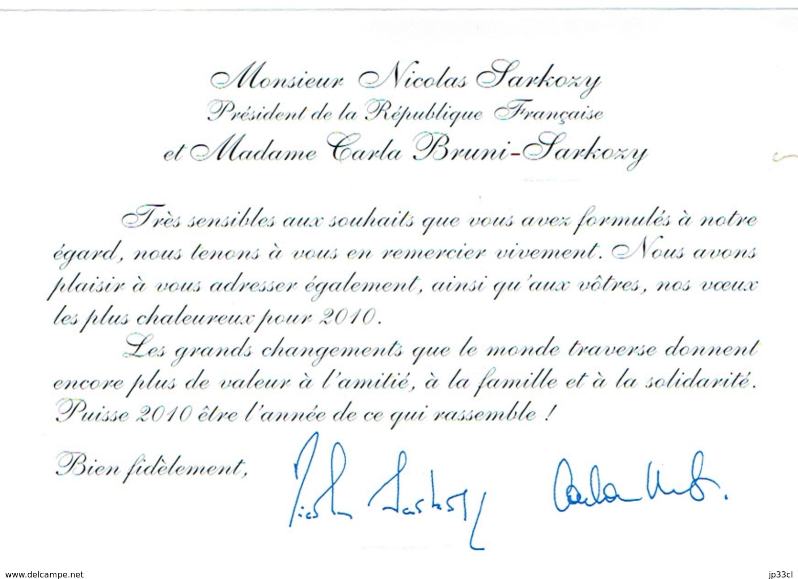 Les Voeux 2010 De Nicolas Sarkozy & Carla Bruni + Enveloppe Officielle Présidence De La République (9/2/2010) - Politieke En Militaire Mannen