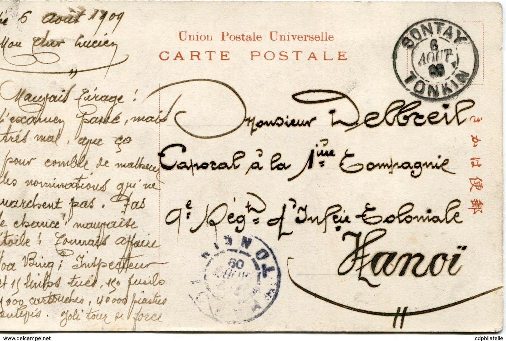 INDOCHINE CARTE POSTALE DEPART SONTAY 6 AOUT 09 TONKIN POUR LE TONKIN - Lettres & Documents