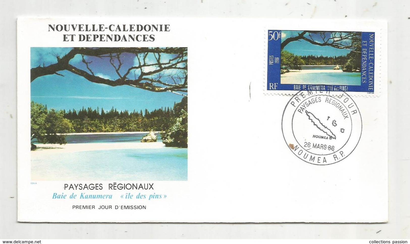 Timbre , Premier Jour , 1986 , NOUVELLE CALEDONIE ET DEPENDANCES , Paysages Régionaux , Baie De Kanumera , île Des Pins - FDC