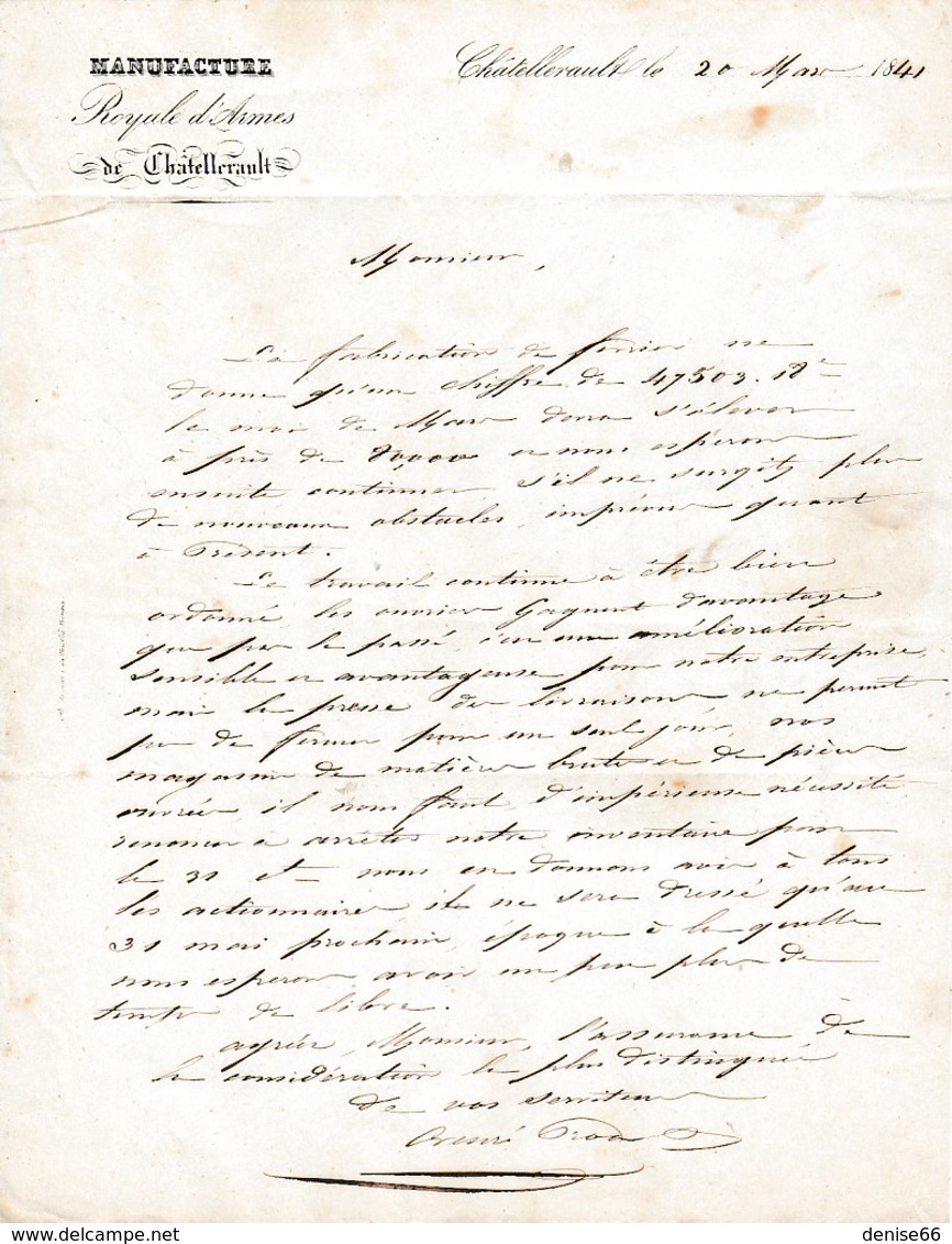 1841 - MANUFACTURE ROYALE D'ARMES De CHÂTELLERAULT - Précisions Sur Le Travail Des Ouvriers, Les Pièces.. - Documents Historiques