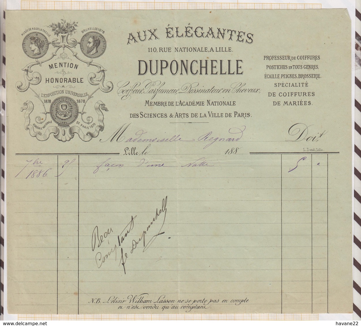 8/81 Lettre Facture AUX ELEGANTES DUPONCHELLE LILLE COIFFEUR / 1886 - 1800 – 1899