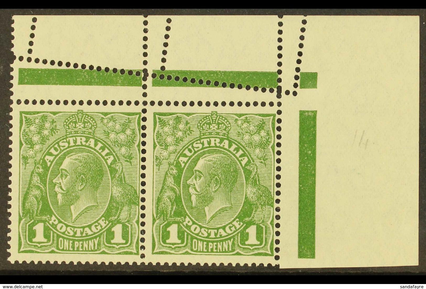 1926-30 MISPERFORATION ERROR 1d Sage Green KGV Head, Perf 14, SG 85, A Superb Mint Upper Right Horizontal Corner Pair Sh - Other & Unclassified
