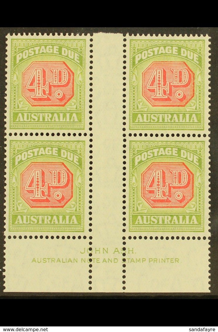 POSTAGE DUE 1938 4d Carmine And Green, SG D116, JOHN ASH Imprint Gutter Block Of Four, Very Fine Mint. Superb. (4 Stamps - Other & Unclassified