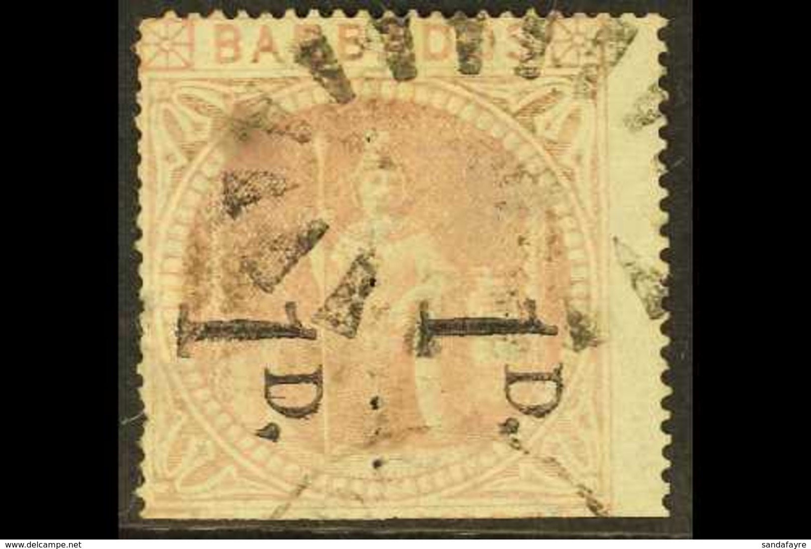 1878 1d On Half 5s Dull Rose Surcharge 7mm High With Curved Serif UNSEVERED PAIR, SG 86b, Used, Small Faults And Repairs - Barbados (...-1966)