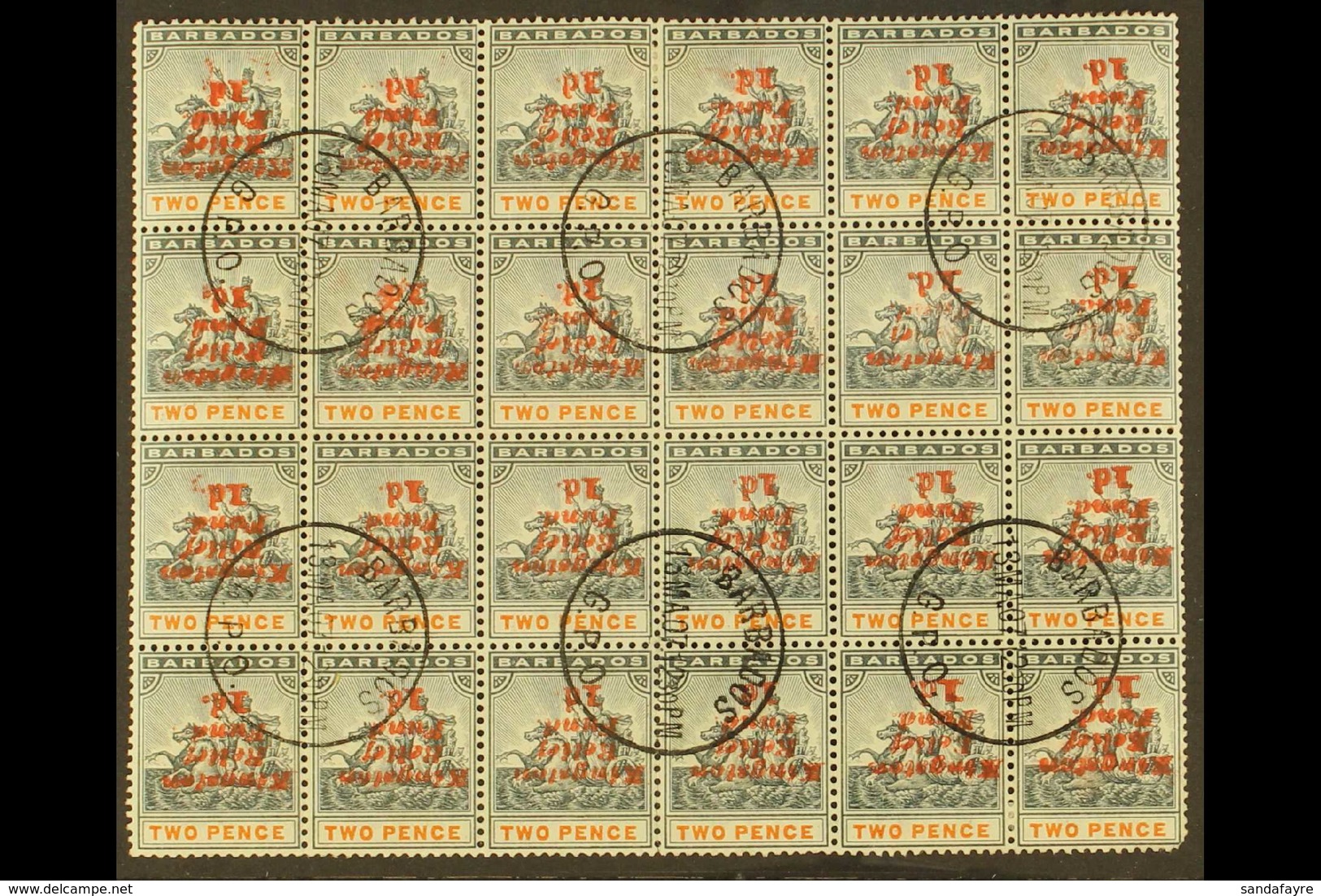 1907 KINGSTON RELIEF FUND 1d On 2d Surcharge Inverted, SG 153a, Third Setting, A Fine Used BLOCK OF TWENTY FOUR (6 X 4)  - Barbados (...-1966)