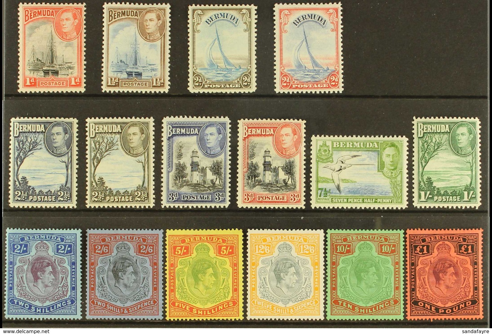 1938-53 Complete "Basic" Definitive Set, SG 116/121b, 5s & 12s6d Are Perf 13, Very Fine Mint (16 Stamps) For More Images - Bermuda