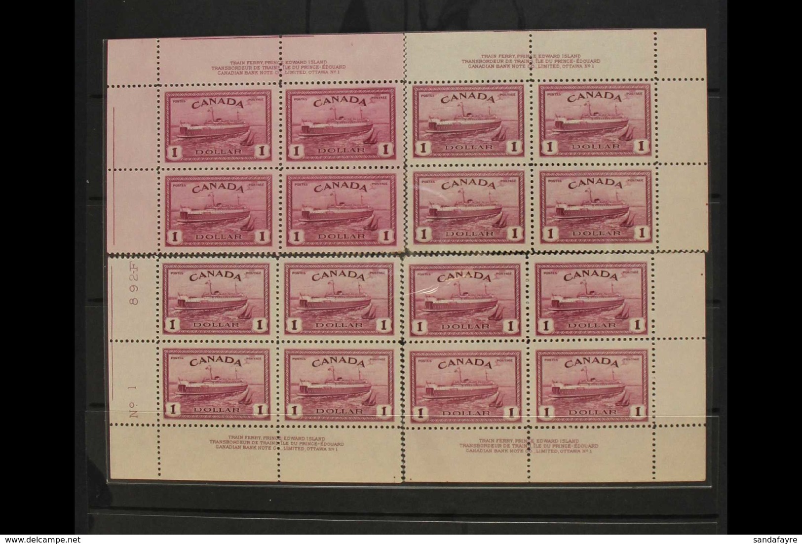 1946 $1 Purple Train Ferry, SG 406, Plate 1 Plate, Corner Inscription Blocks For All 4 Corners. Couple Stained Perf Tips - Other & Unclassified