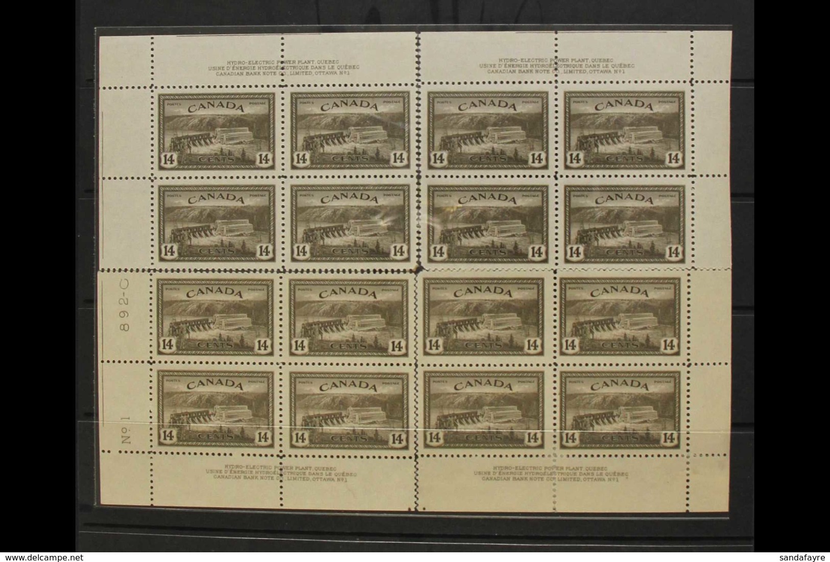 1946 14c Sepia, Power Station, SG 403, Plate 1, Corner Inscription Blocks For All 4 Corners, Very Fine NHM. (4 Blocks) F - Other & Unclassified
