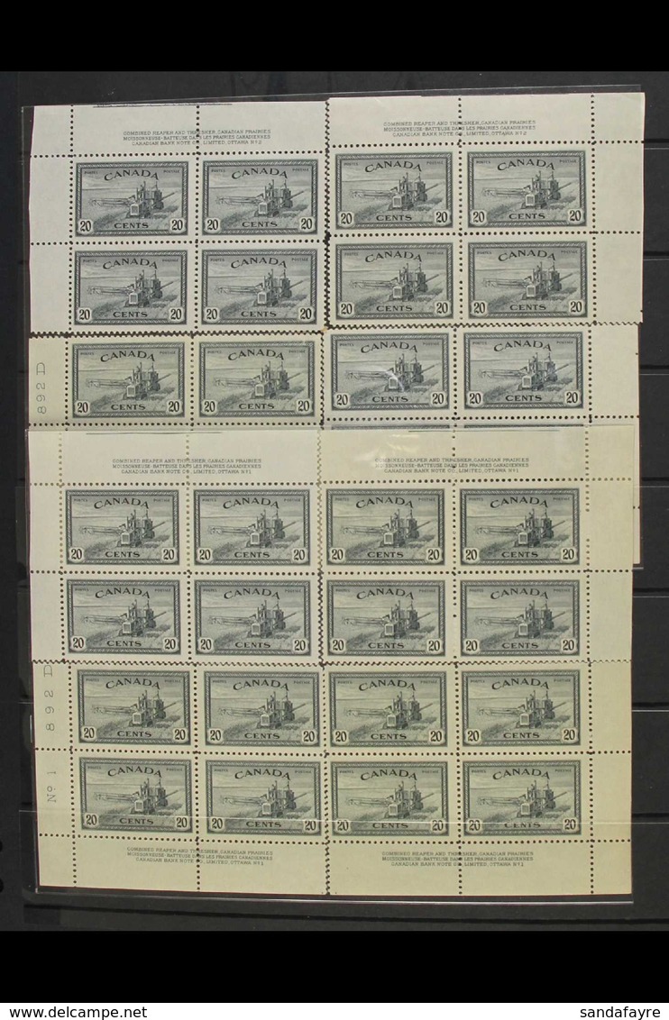 1946 20c Slate Combine Harvester, SG 404, Plates 1 And 2, Imprint Corner Blocks Of 4 For All 4 Corners. (8 Blocks) For M - Other & Unclassified