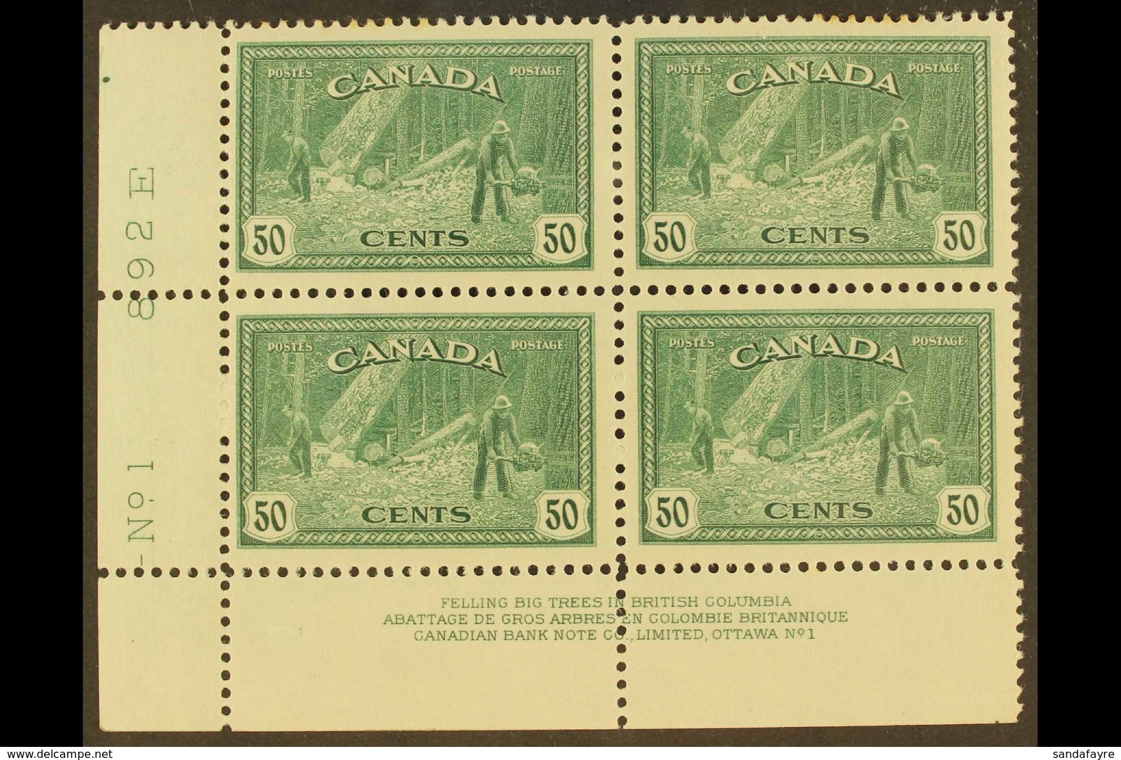 1946 50c Lumbering, SG 405, Uni 272, Very Fine Mint Corner Plate Block (No 1), Top Pair Hinged.  For More Images, Please - Other & Unclassified