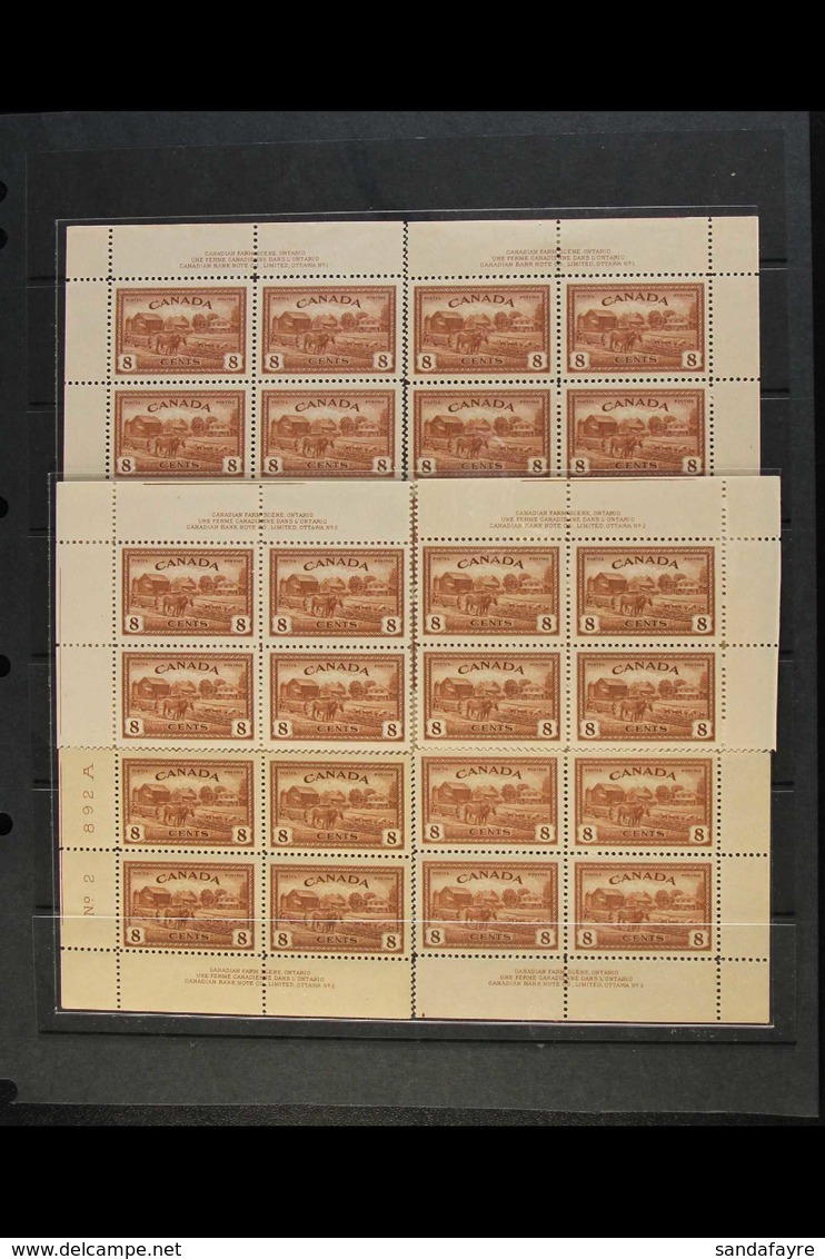 1946 8c Brown Ontario Farm Scene, SG 401, Uni 268, Plate No 1 & 2, All 4 Corner Blocks For Both Numbers, Superb NHM. (8  - Other & Unclassified