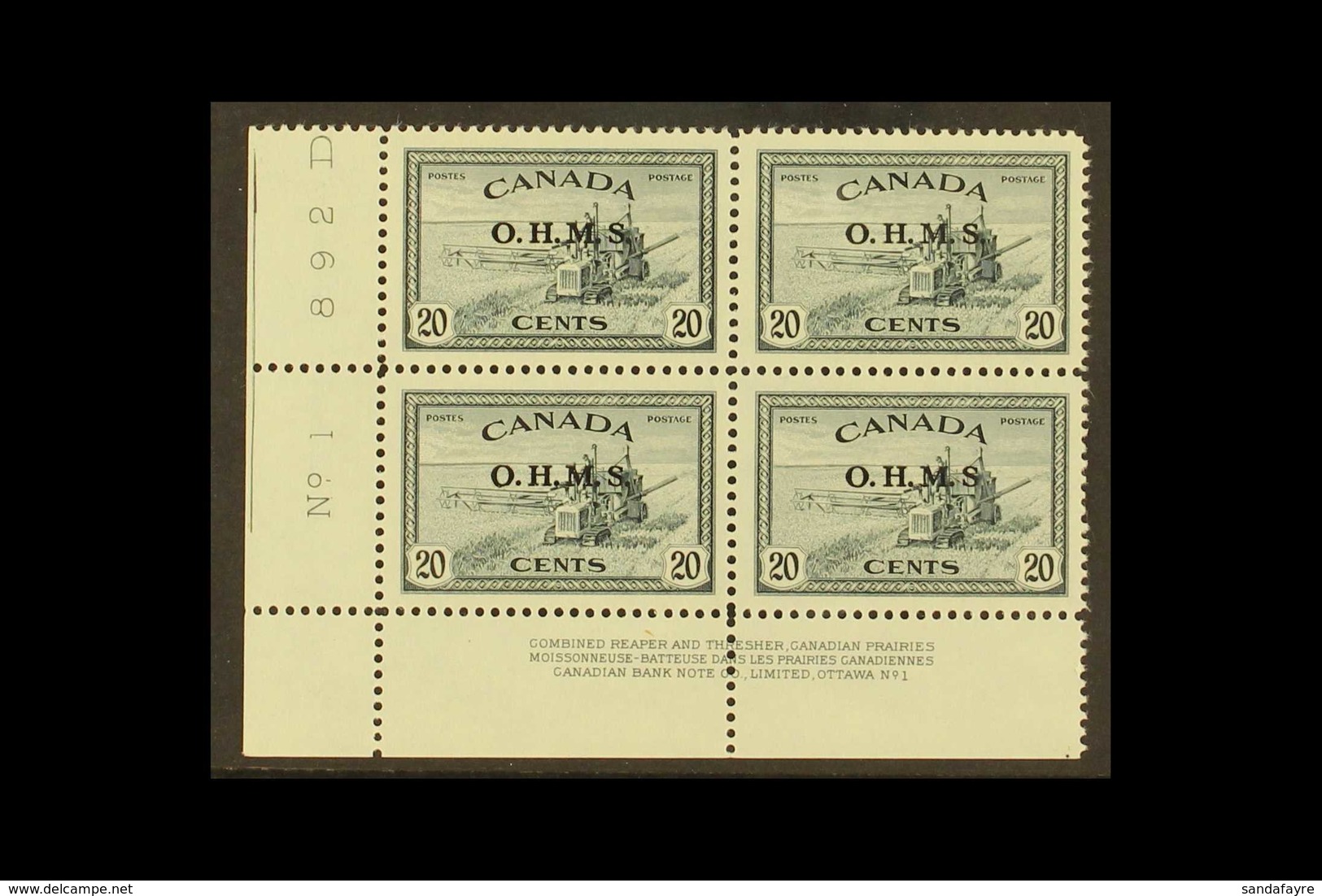 OFFICIAL 1949 20c Slate "Harvester" With "O.H.M.S." Overprint, A Lower Left Corner Control Block Of Four, One Stamp Show - Other & Unclassified