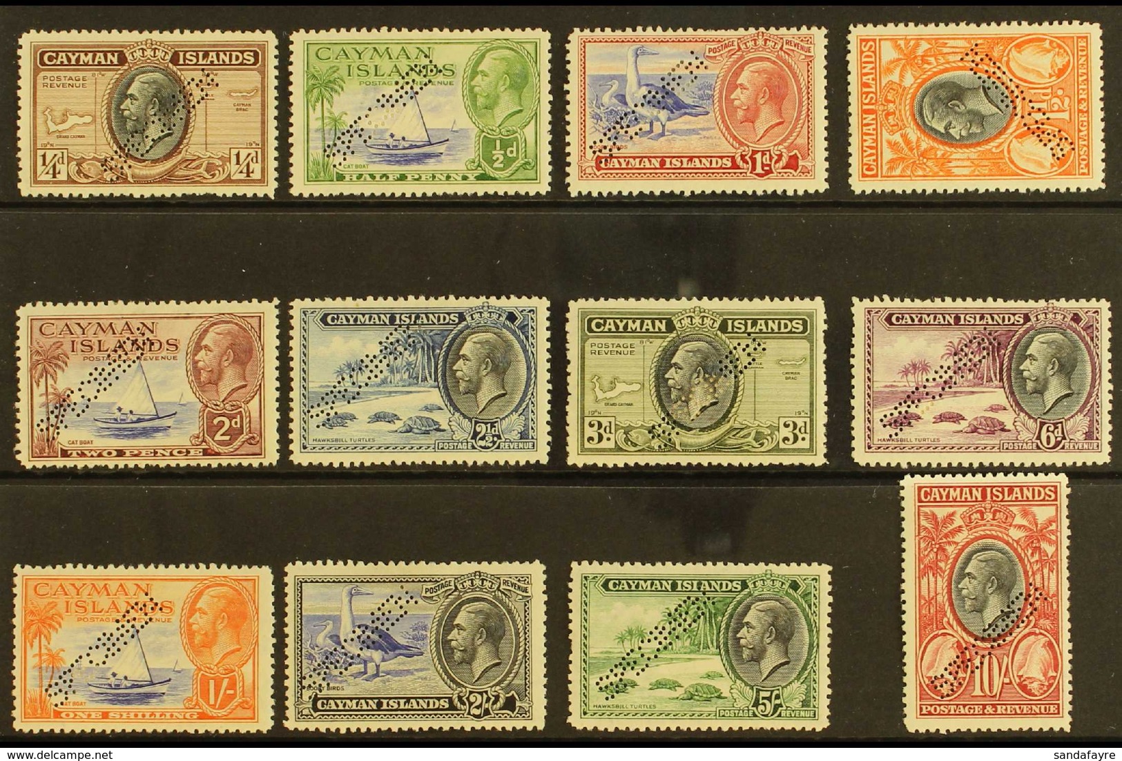 1935 Pictorial Definitives Complete Set With "SPECIMEN" Perfin, SG 96s/107s, ½d Value With Small Thin, Otherwise Fine Mi - Cayman Islands
