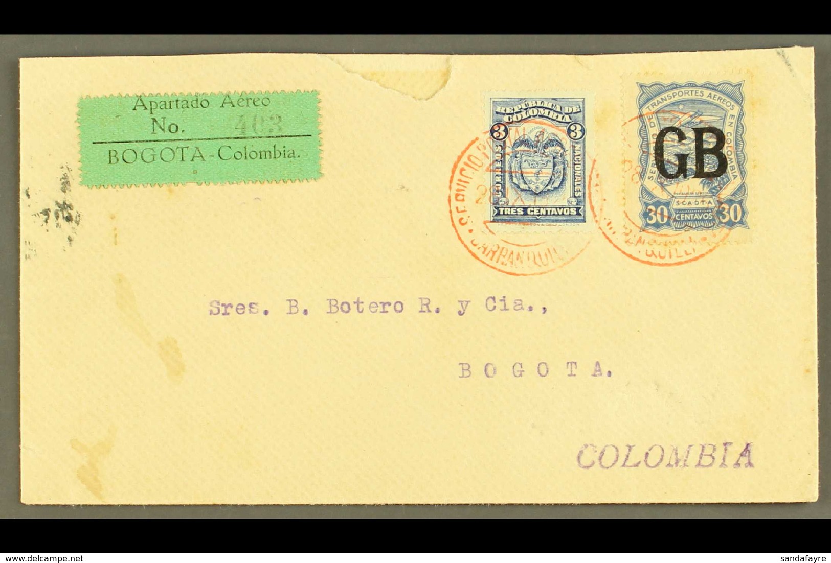 SCADTA 1925 (28 Oct) Cover From England Addressed To Bogota, Bearing Colombia 3c And SCADTA 1923 30c With "GB" Consular  - Colombie