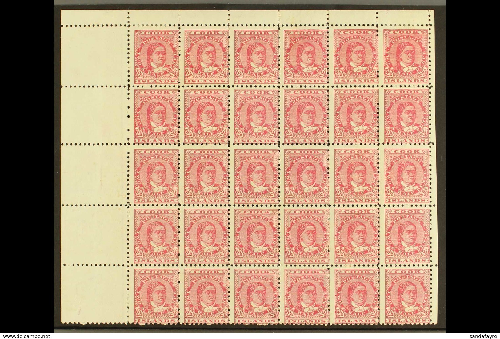 1893-1900 Queen Makea Takau 2½d Deep Rose, Perf 11 (SG 16a) - A Fresh Mint COMPLETE HALF SHEET OF THIRTY (6x5) With Marg - Cook Islands