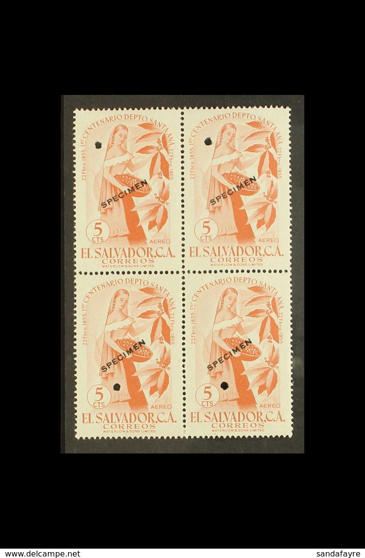 1956 5c Centenary Of Santa Ana Air, SG 1096, Sc C168, Never Hinged Mint Block Of 4, Each Stamp With "SPECIMEN OVERPRINT" - El Salvador