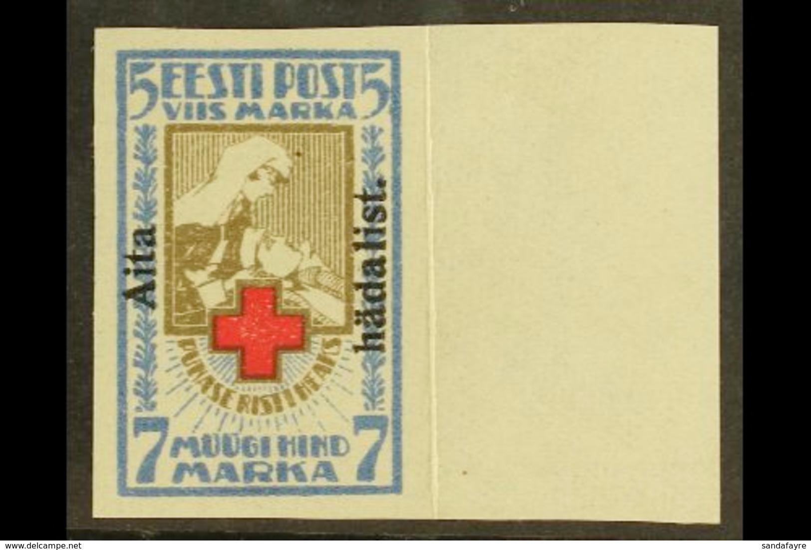 1923 7m+5m "Aita Hadalist," Overprint Imperf (Michel 47B, SG 50A), Never Hinged Mint Marginal Example, Fresh. For More I - Estonia