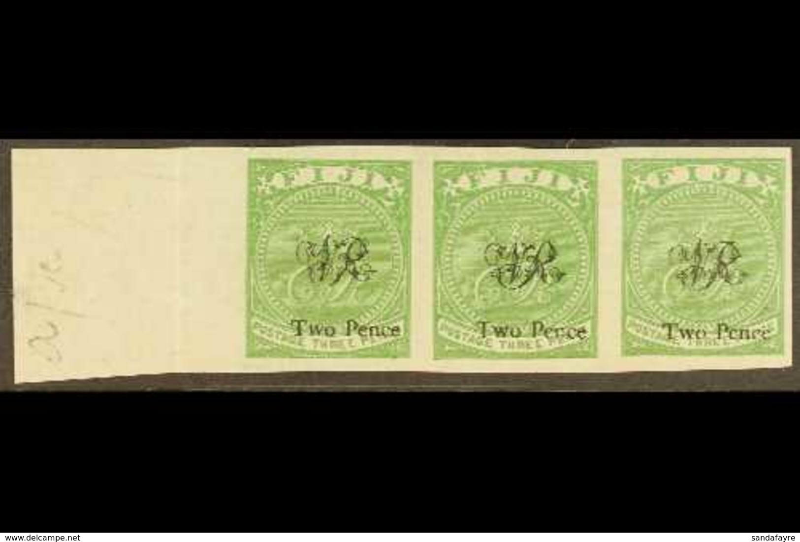 1877 Laid Paper 2d On 3d Yellow-green (as SG 32) IMPERF HORIZONTAL STRIP OF THREE, Ex Printer's Trials, Never Hinged Min - Fiji (...-1970)