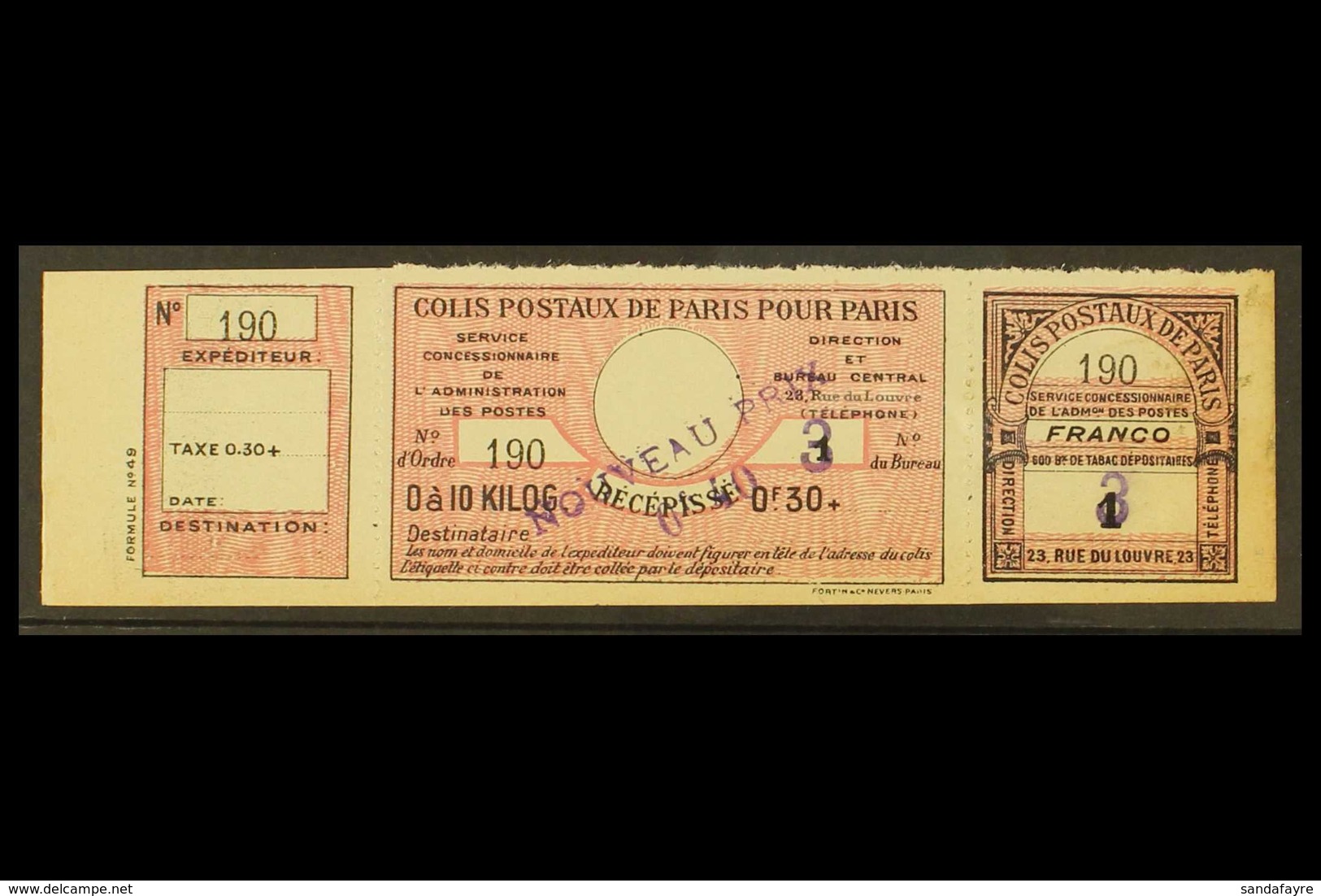 PARCEL POSTS FOR PARIS 1919 40c On 30c+ Rose, Se-tenant Strip Of 3, Maury 45, Fine "mint" Part Og. For More Images, Plea - Other & Unclassified