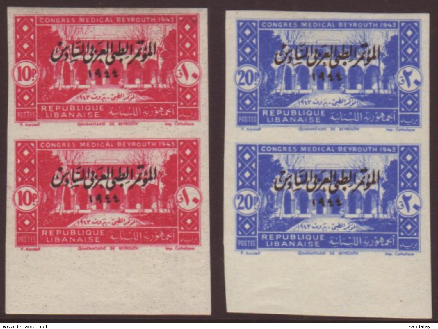 LEBANON 1944 Medical Congress Set, In IMPERF Vertical Marginal Pairs Yv. 187/88, Fine Never Hinged Mint.  For More Image - Other & Unclassified