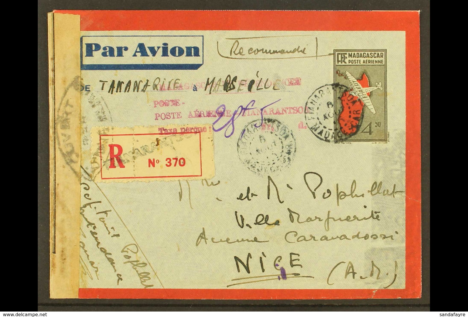 MADAGASCAR 1945 Registered 4.50f CENSOR COVER To Nice, France With Postage Due Cachet. Seldom Seen For More Images, Plea - Autres & Non Classés