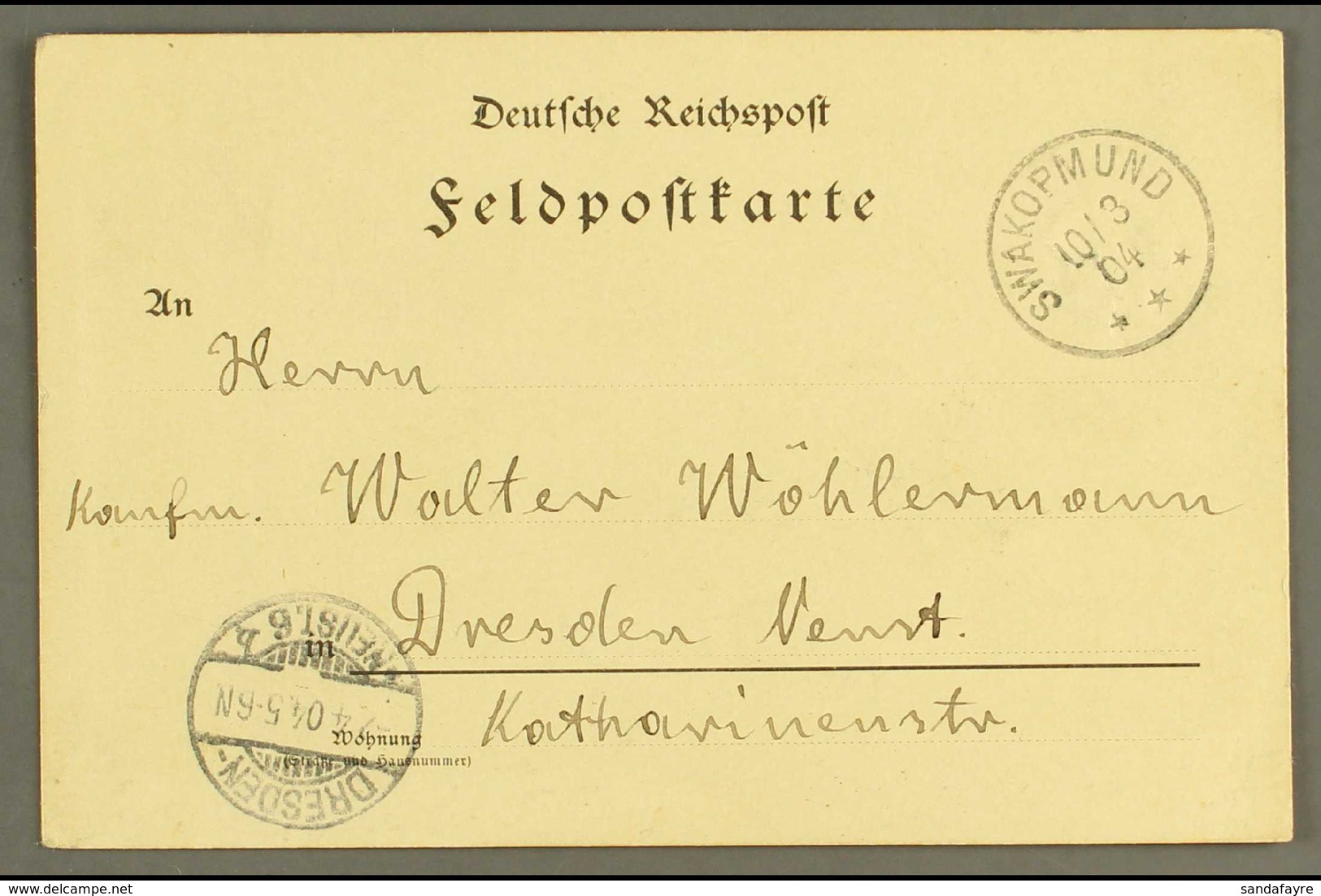 SOUTH WEST AFRICA 1904 (10 Mar) Printed Feldpost Card To Germany Showing Very Fine "SWAKOPMUND" Cds Postmark With Dresde - Other & Unclassified