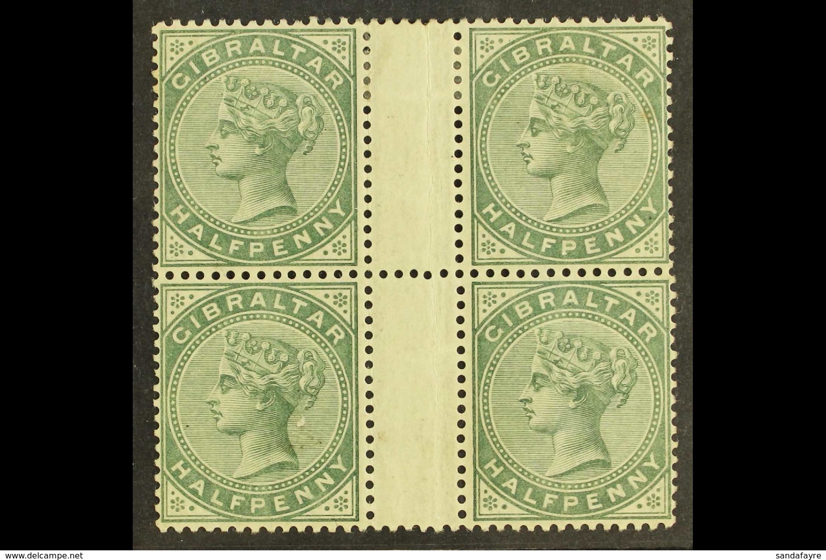 1898 ½d Grey-green, Wmk Crown CA, SG 39, Fine Mint GUTTER BLOCK Of 4, Folded Down Gutter Margin, Scarce Format. For More - Gibraltar