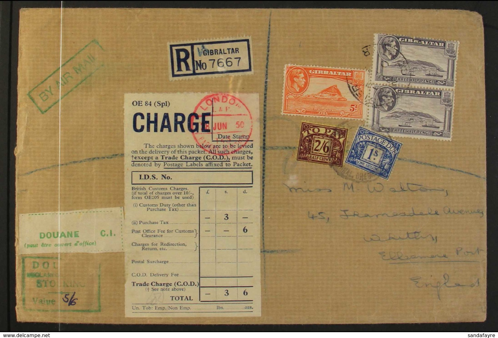 LARGE POSTAGE DUE COVERS TO ENGLAND An Attractive Quintuple Of 1950s Covers To Whitby (Ellesmere Port), Four Of Them Re- - Gibraltar