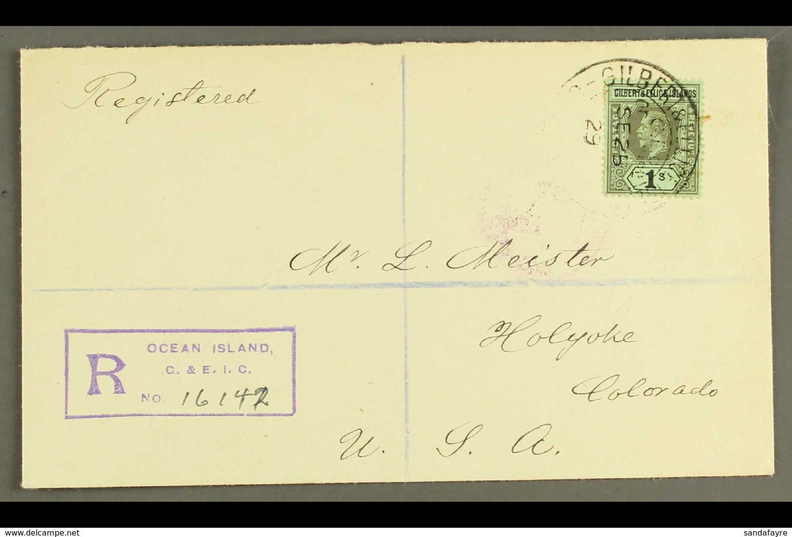 OCEAN ISLAND 1929 Registered Cover To Colorado, USA, Bearing KGV 1s Cancelled With "G.P.O. Ocean Isld." Pmk And Lovely C - Îles Gilbert Et Ellice (...-1979)