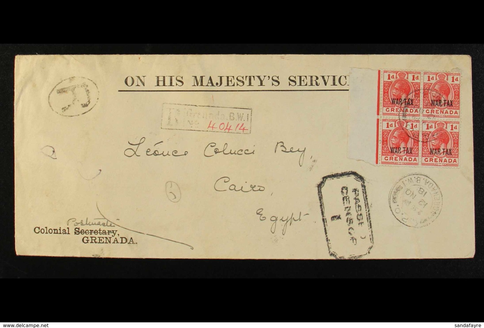 1918 POSTAL HISTORY 1d "WAR TAX" Ovpt, SG 111, In A Block Of 4, Used On OHMS Reg'd Env. To Egypt, Cover Censored, With C - Grenada (...-1974)