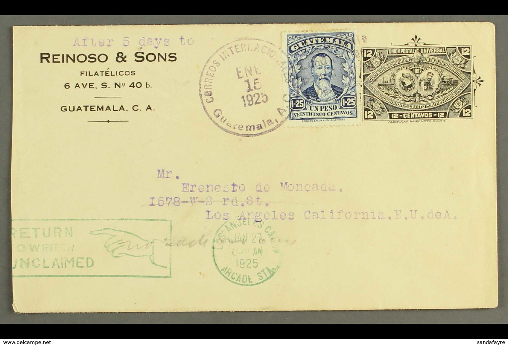 1925 (15 Jan) 12c Black "1897 Expo" Type Printed Postal Stationery Envelope From Guatemala (City) To The United States,  - Guatemala