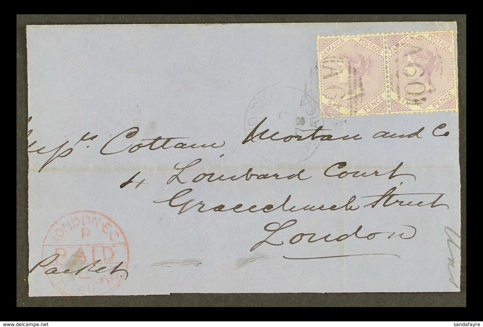 1878 (Aug) Envelope Large Part Front & Back To London, Bearing 6d Pair Tied A60 Cancels, Ocho Rios Cds Alongside And On  - Jamaica (...-1961)
