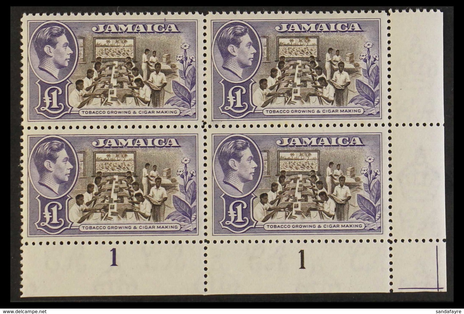 1938-52 £1 Chocolate & Violet, SG 133a, Never Hinged Mint Corner Plate Block Of 4. Lovely (4 Stamps) For More Images, Pl - Jamaica (...-1961)