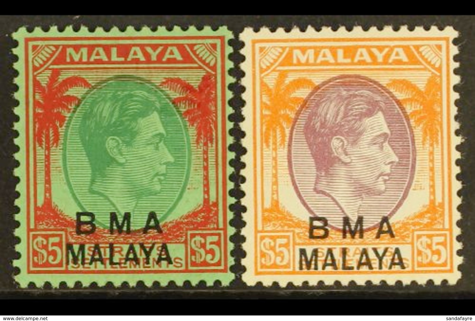 1945-8 $5 Green & Red On Emerald Plus $5 Purple & Orange, SG 17/18, Very Fine Mint (2). For More Images, Please Visit Ht - Malaya (British Military Administration)