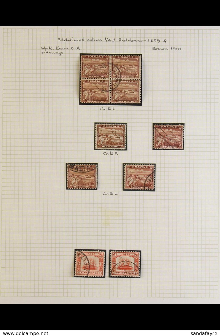 1899-1930 USED COLLECTION WITH POSTMARK INTEREST. A Useful Range, Presented On Album Pages That Includes 1899-1901 2s6d  - Malta (...-1964)